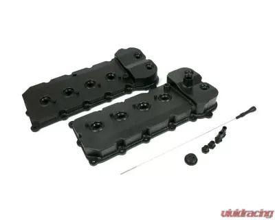 Top Street Performance Coyote Fabricated Aluminum Valve Covers w/ Dipstick Black Anodized Ford 5.0L - 84052BK