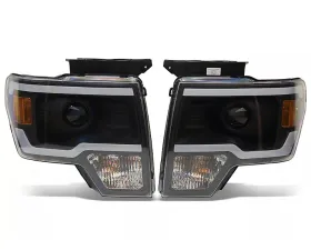 Raxiom Axial Series Clear Lens Black Housing Projector Headlights w/ LED Light Bar Ford F-150 w/ Factory Halogen Headlights 2009-2014
