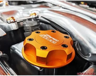 ZSPEC Design Billet Oil Filler Orange-Gold Cap w/ Red Titanium Accents Nissan | Infiniti | Datsun - 00843612115386