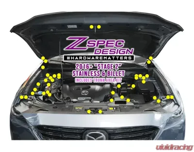 ZSPEC Design Gloss Yellow Stainless & Billet Stage 2 Dress-Up Bolts Fastener Kit Mazda CX-9 2016-2023 - 00843612129116