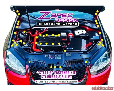 ZSPEC Design Gloss Yellow Stainless & Billet Stage 3 Dress-Up Bolts Fastener Kit Volkswagen Golf MK5 2005-2010 - 00843612184566