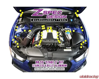 ZSPEC Design Neochrome Stainless & Billet Stage 3 Dress-Up Bolts Fastener Kit Audi S5 B8 3.0L 2007-2017 - 00843612191533