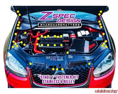 ZSPEC Design Gloss Black Stainless & Billet Stage 1 Dress-Up Bolts Fastener Kit Volkswagen Golf MK5 2005-2010 - 00843612193858