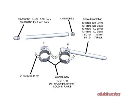 Woodcraft Technologies Silver 3 Piece Split Clip-ons w/ 51mm Clamp & Special 1" Bars - 12-0151-1S