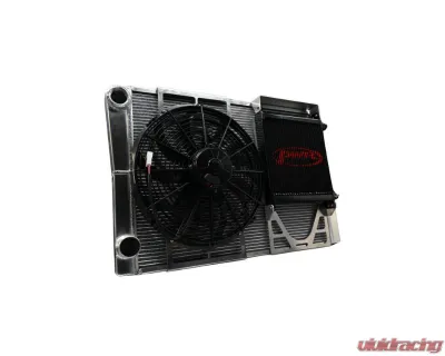 PWR 42mm Radiator Module Ext. Tube Closed 27.5" x 19" w/ EOC w/ 14" SPAL Fan -20 AN Port Inlet 1-3/4 Outlet Ford Late Model - CR-UC-WPR008B