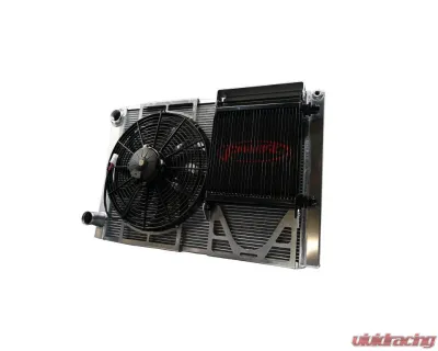 PWR 42mm Radiator Module Ext. Tube Closed 27.5" x 19" w/ EOC w/ 14" SPAL Fan -20 AN Port Inlet 1-3/4 Outlet Ford Late Model - CR-UC-WPR008B