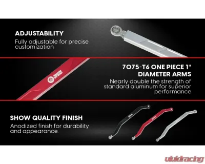 Freedom Off-Road High Clearance Heavy Duty Radius Rod Set (4) - Black Polaris RZR 2017-2024 - FOP-P704RL-ADJ-BK