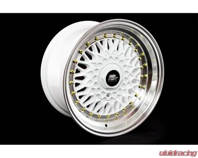 MST MT13 Series Wheel 15x8.0 4x100/4x114.3 +20mm White w/ Machined Lip Gold Rivets - 13-5816-20-WTGL