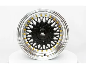 MST MT13 Series Wheel 15x8.0 4x100/4x108 +20mm Black w/ Machined Lip Gold Rivets