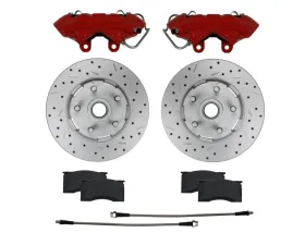 Leed Brakes 4 Piston Red Powder Coated Calipers w/ Maxgrip XDS Rotors Ford Mustang 1964-1967