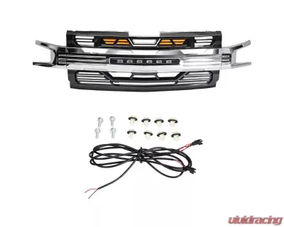 American Modified Armor Glossy Black and Chrome Grille with Off-Road Lights Chevrolet Silverado 1500 2019-2021 - AMCHCA00126