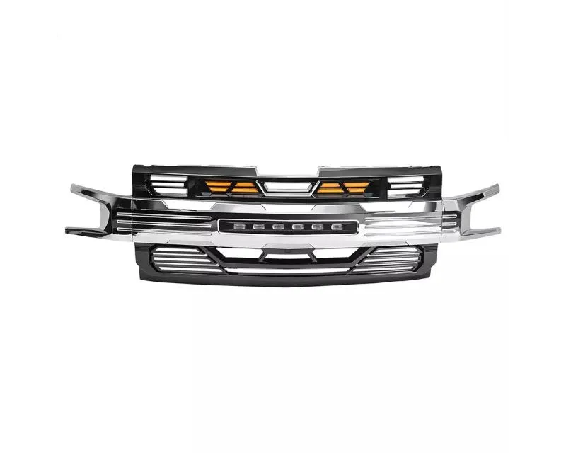 American Modified Armor Glossy Black and Chrome Grille with Off-Road Lights Chevrolet Silverado 1500 2019-2021 - AMCHCA00126
