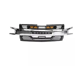 American Modified Armor Glossy Black and Chrome Grille with Off-Road Lights Chevrolet Silverado 1500 2019-2021
