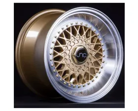 JNC JNC004S Wheel 15x8 4x100|4x114.3 20mm Gold w/ Machined Lip & Gold Rivets