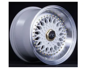 JNC JNC004S Wheel 15x8 4x100|4x114.3 20mm White w/ Machined Lip & Gold Rivets