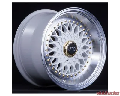 JNC JNC004S Wheel 15x8 4x100|4x114.3 20mm White w/ Machined Lip & Gold Rivets - 20222010502