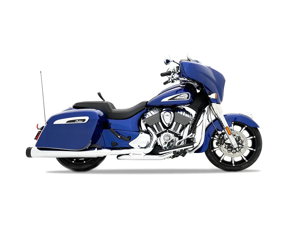 Rinehart Racing Chrome Slimline Duals Full System w/ 4" Chrome Slip-Ons Mufflers & Black End Caps Harley Davidson Indian TS116 2021+ - 100-1520
