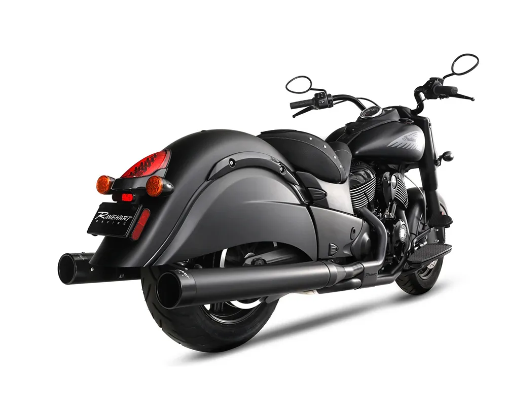 Rinehart Racing Black Slimline Duals Full System w/ 4.5" Black Slip-Ons Mufflers & Black End Caps Harley Davidson Indian TS111 2014+ - 100-1513