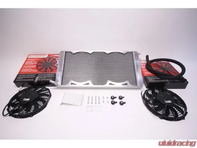 PLM Silver Heat Exchanger w/ SPAL Fans Ford Mustang 2005-2019 - PLM-HE-FD-STANG-SIL-SPAL
