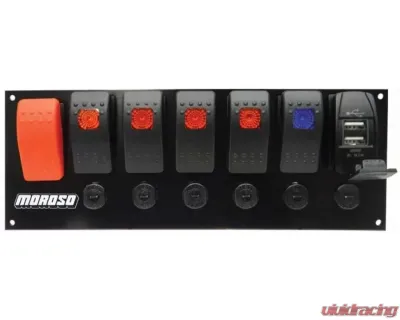 Moroso 3.388in x 9.15in -Five On/Off Switches LED w/USB Flat Surface Mount Rocker Switch Panel - 74194