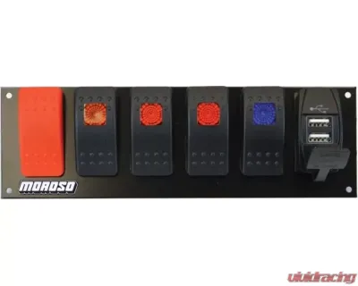 Moroso 2.488in x 7.85in -Five On/Off Switches LED w/USB Flat Surface Mount Rocker Switch Panel - 74195