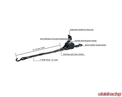 BulletProof Hitches BulletProof Medium Duty 1" Auto Retractable Ratchet Strap 12' 500lbs - BPMDRSAUTO