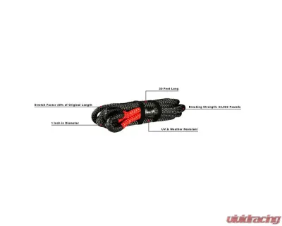 BulletProof Hitches Heavy Duty 1" x 30' Kinetic Recovery Rope, 33,900 lb Break Strength, Black - HDKINETICROPE