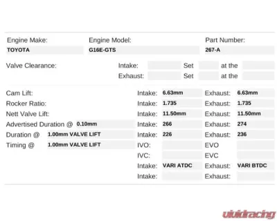 Kelford 266/274 G16E-GTS Solid Lifter Camshaft Toyota 2020+ - S267-A