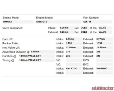 Kelford 276/286 G16E-GTS Solid Lifter Camshaft Toyota 2020+ - S267-B