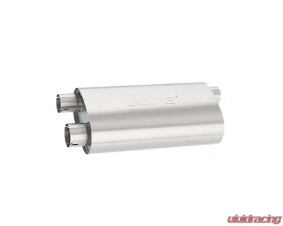 Borla Specialty Muffler Transverse Flow 3 in. Inlet/ 2.5 in. Dual Outlet 6 in. x 10.25 in. Oval x 19 in. Long Body Notched Necks - 400499