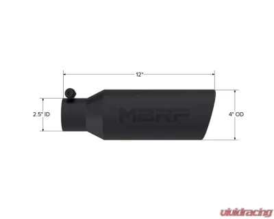 MBRP Black Coated 4" OD 2.5" Inlet 12" Length Angled Cut Rolled End Clampless-No Weld Exhaust Tip - T5150BLK