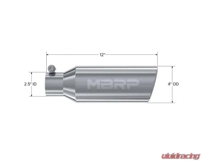 MBRP T304 Stainless Steel 4" OD 2.5" Inlet 12" Length Angled Cut Rolled End Clampless-No Weld Tip - T5150