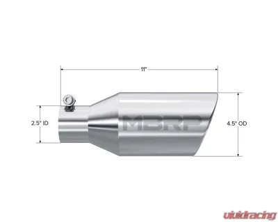 MBRP T304 Stainless Steel 4.5" O.D. Single Wall Angle Rolled End 2.5" Inlet 11" Length Exhaust Tip - T5160