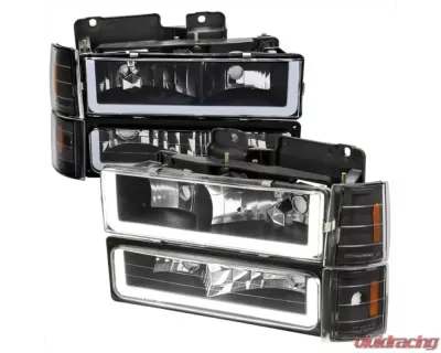 Spec D Factory Style Headlights with LED Strip and Bumper and Corner Lights Chevy Suburban | Tahoe 1994-1998 Product Number 2LBCLH-GMC94JM-G3-RS - 2LBCLH-GMC94JM-G3-RS