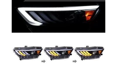 Spec-D LED Sequential Turn Signal Projector Headlights (Jet Black Housing/Clear Lens) Ford Mustang 2015-2020                                     - 2LHP-MST15BK-SQ-TM - Image 2