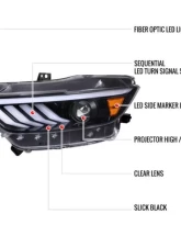 Spec-D Jet Black Housing Clear Lens HID-Type LED Sequential Turn Signal Projector Headlights Ford Mustang 2015-2017                                     - 2LHP-MST15BK-SQ-TM - Image 9