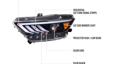 Spec-D LED Sequential Turn Signal Projector Headlights (Jet Black Housing/Clear Lens) Ford Mustang 2015-2020                                     - 2LHP-MST15BK-SQ-TM - Image 9