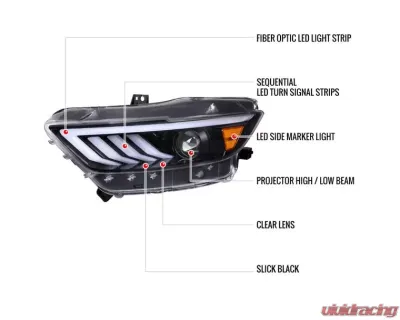 Spec-D Jet Black Housing Clear Lens HID-Type LED Sequential Turn Signal Projector Headlights Ford Mustang 2015-2017 - 2LHP-MST15BK-SQ-TM
