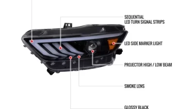 Spec-D LED Sequential Turn Signal Projector Headlights (Glossy Black Housing/Smoked Lens) Ford Mustang 2015-2020                                     - 2LHP-MST15G-SQ-TM - Image 9