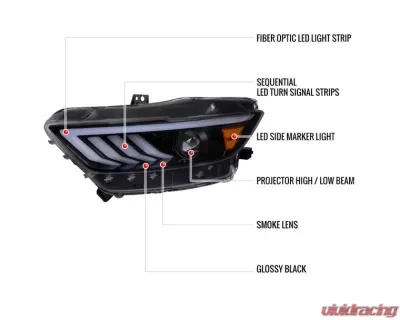 Spec-D Glossy Black Housing Smoke Lens HID-Type LED Sequential Turn Signal Projector Headlights Ford Mustang 2015-2017 - 2LHP-MST15G-SQ-TM