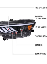 Spec-D Matte Black Housing Clear Lens HID-Type LED Sequential Turn Signal Projector Headlights Ford Mustang 2015-2017                                     - 2LHP-MST15JM-SQ-TM - Image 9