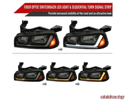 Spec-D Switchback Sequential LED Bar Factory Style Headlights (Matte Black Housing/Smoked Lens) Dodge Charger 2006-2010 - 2LH-CHG05SM-G3-RS
