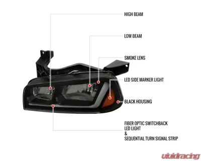 Spec-D Switchback Sequential LED Bar Factory Style Headlights (Matte Black Housing/Smoked Lens) Dodge Charger 2006-2010 - 2LH-CHG05SM-G3-RS