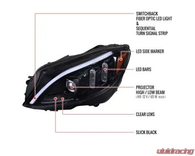 Spec-D Switchback Sequential Turn Signal Projector Headlights Jet Black Housing/Clear Lens Mercedes-Benz C-Class W205 2015-2018 - 2LHP-W20515BK-SQ-TM