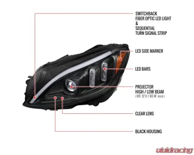 Spec-D Switchback Sequential Turn Signal Projector Headlights Matte Black Housing/Clear Lens Mercedes-Benz C-Class W205 2015-2018 - 2LHP-W20515JM-SQ-TM