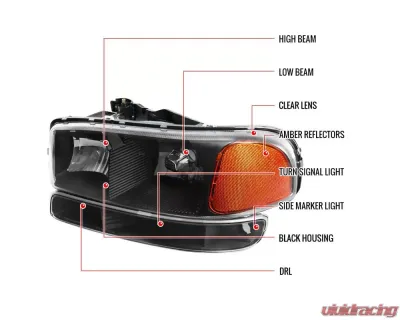 Spec-D Factory Style Crystal Headlights w/ Amber Reflector & Bumper Lights (Matte Black Housing/Clear Lens) GMC Sierra | Yukon 1999-2007 - 2LBLH-GMC99JM-RS