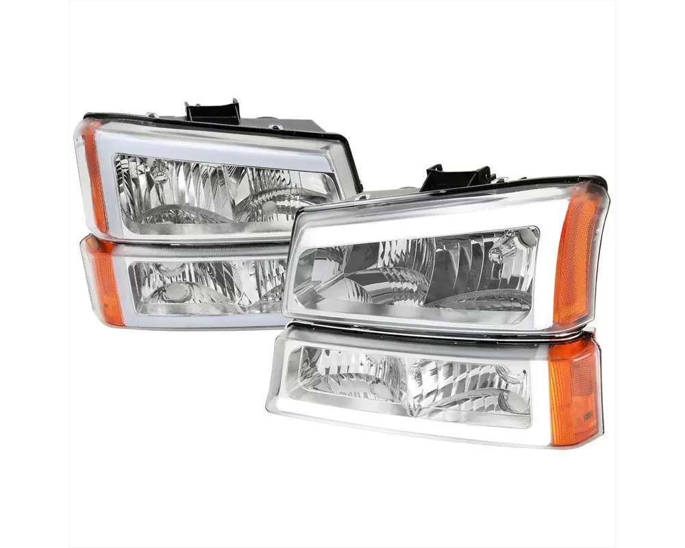 Spec-D LED Bars Factory Style Headlights w/ Bumper Lights & Amber Reflectors (Chrome Housing/Clear Lens) Chevrolet Silverado | Avalanche 2002-2007 - 2LBLH-SIV03-G3-RS