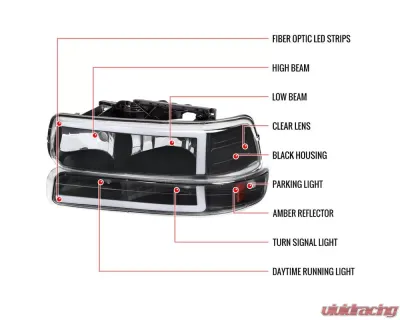 Spec-D LED Bar Factory Style Headlights & Bumper Lights w/ Amber Reflector (Matte Black Housing/Clear Lens) Chevrolet 1999-2006 - 2LBLH-SIV99JM-G3-RS