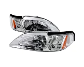 Spec-D Crystal Headlights w/ Amber Reflectors (Chrome Housing/Clear Lens) Ford Mustang 1994-1998