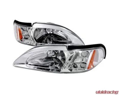 Spec-D Crystal Headlights w/ Amber Reflectors (Chrome Housing/Clear Lens) Ford Mustang 1994-1998 - 2LCLH-MST94-TM